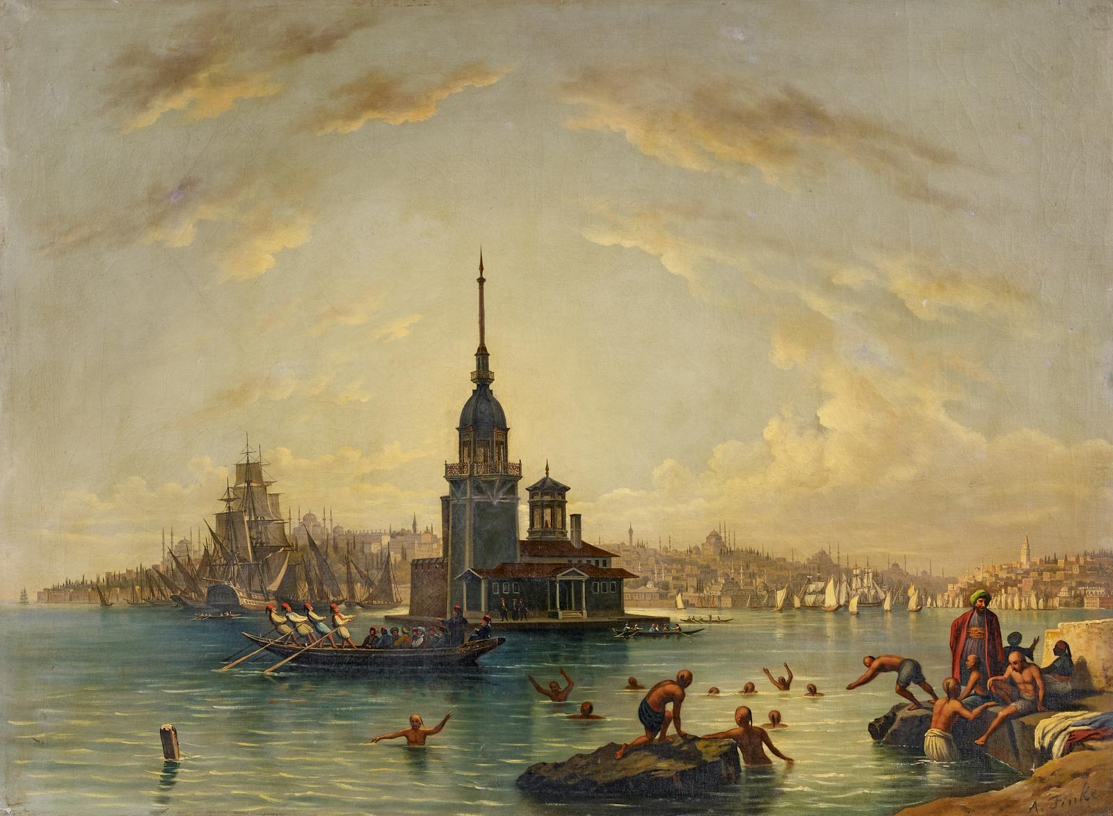 Auguste Finke - Istanbul. Die Meerenge mit dem Leanderturm und der Silhouette der Altstadt im Hintergrund