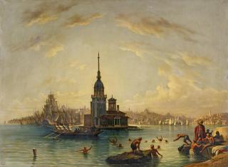 Auguste Finke - Istanbul. Die Meerenge mit dem Leanderturm und der Silhouette der Altstadt im Hintergrund