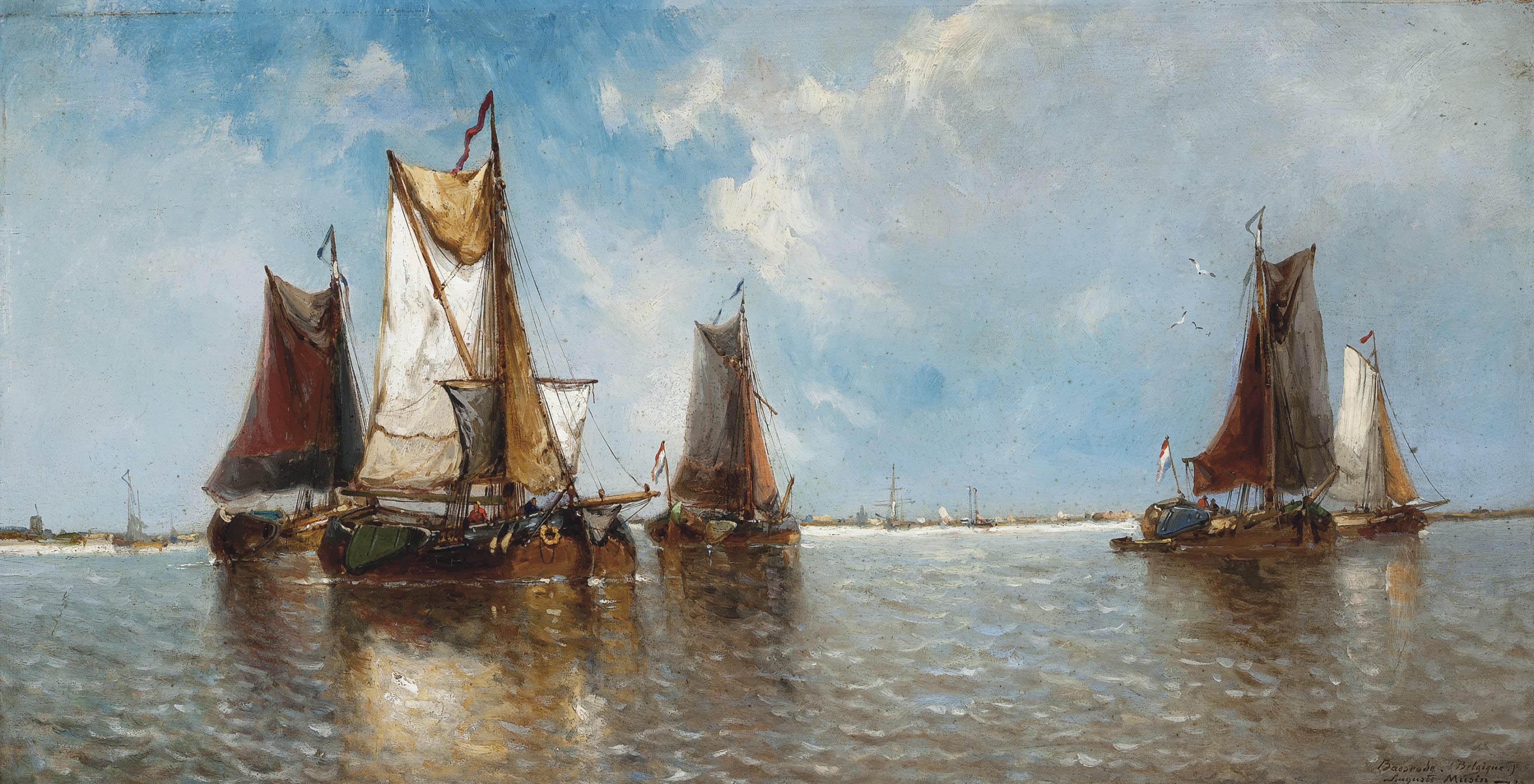 Auguste Henri Musin - Barges on the Scheldt at Baesrode, Belgium