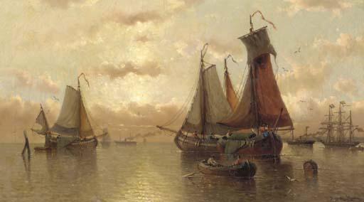 Auguste Henri Musin - La fin d\'un beau jour sur Le Zuyder Zee en Hollande