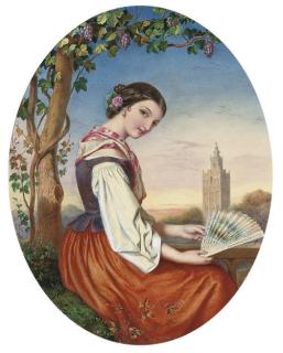 Auguste-Jules Bouvier, N.W.S. - Portrait of a girl with a fan in her hand, a tower beyond