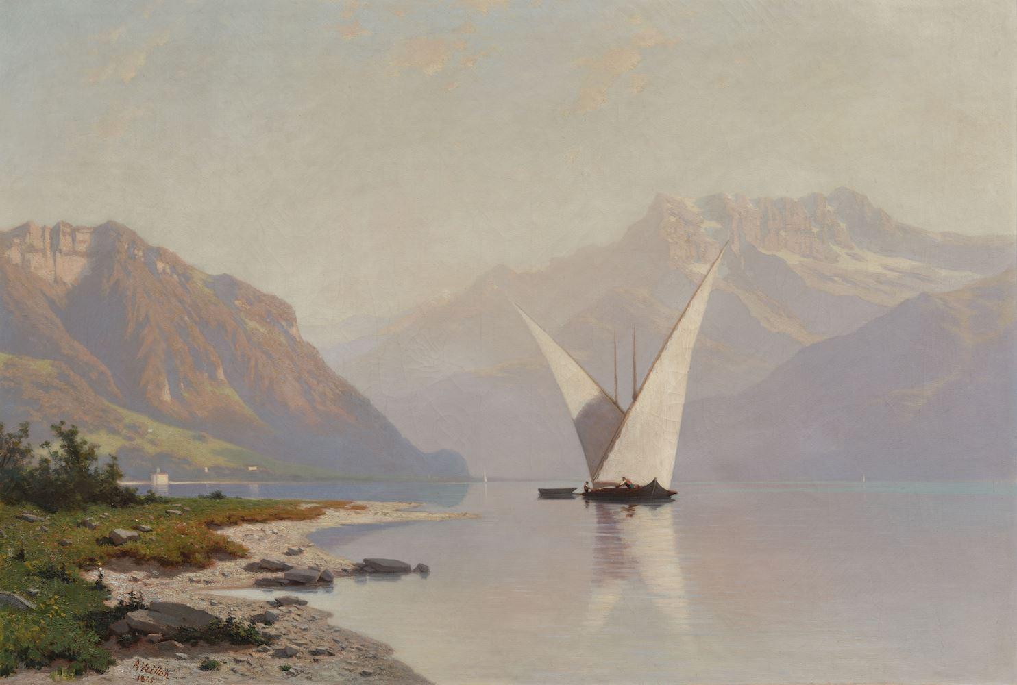 Auguste Louis Veillon - Voilier sur le Lac Léman avec vue sur les Dents-du-Midi. 1865.