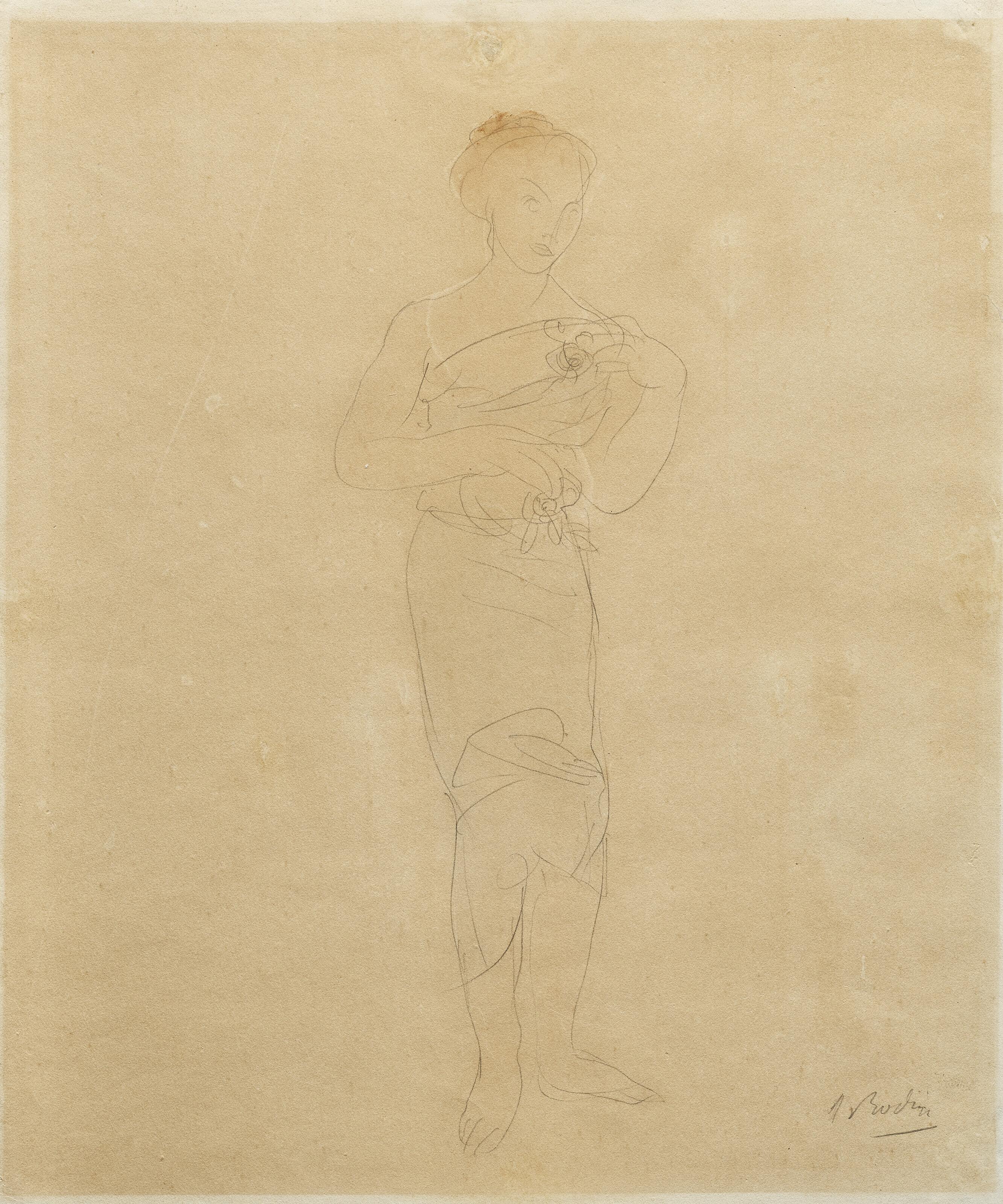 Auguste Rodin - Femme drapée debout aux épaules dénudées. Motifs de fleurs