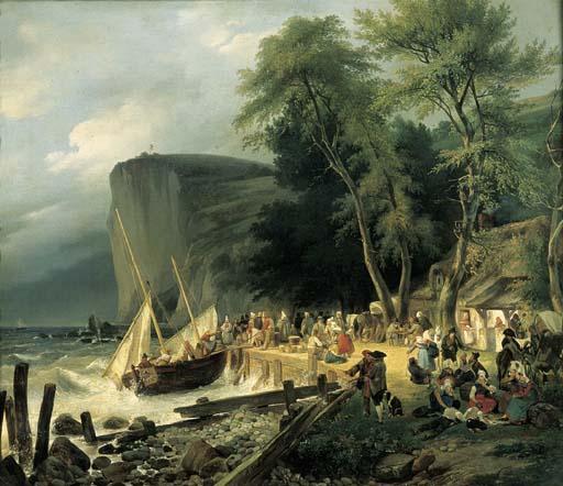 Auguste-Xavier Leprince - A view of the coast at Le Havre by La Hève, with a fishing boat moored at a quay and peasants resting before an inn