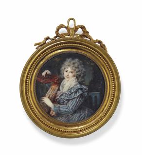 Augustin-Christian Ritt - Portrait de la princesse Natalia Iwanowna Kourakine, née Golowina (1766-1831) en robe bleue à rayures blanches, tenant une harpe, sur une chaise, devant un fond boisé