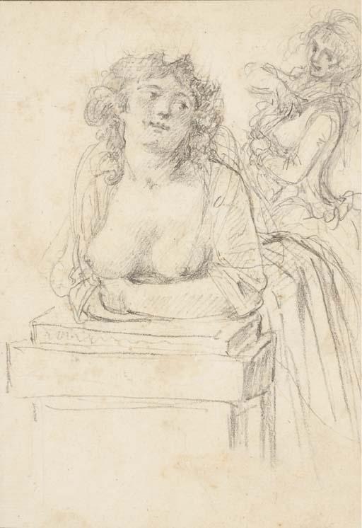 Augustin De Saint-Aubin - A bare-breasted woman leaning over a pedestal, another woman in the background