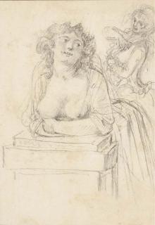 Augustin De Saint-Aubin - A bare-breasted woman leaning over a pedestal, another woman in the background
