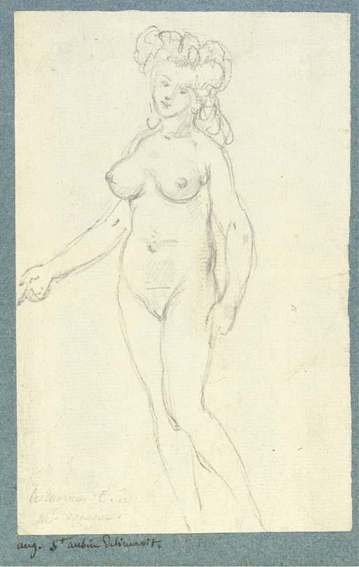 Augustin De Saint-Aubin - Mademoiselle Mangin, nue, pointant vers la gauche