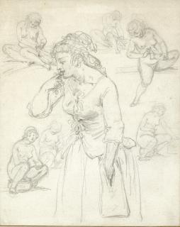 Augustin De Saint-Aubin - Studies Of Young Women At Their Toilet And A Woman Eating Cherries