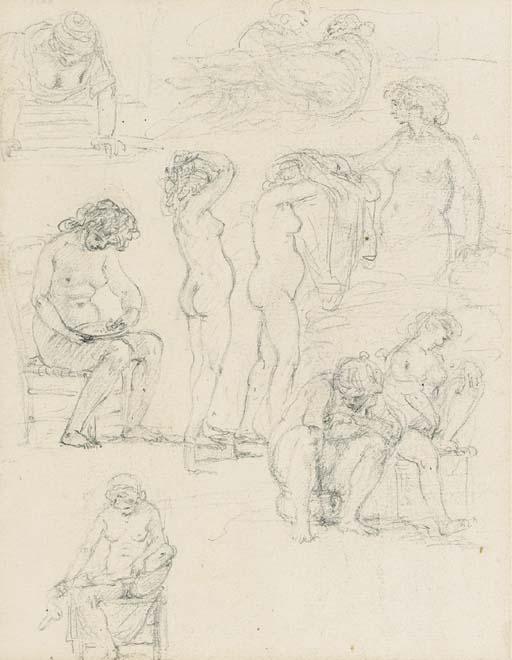 Augustin De Saint-Aubin - Studies of young women undressing, nude, eating, at their toilet, at a window and on a bed