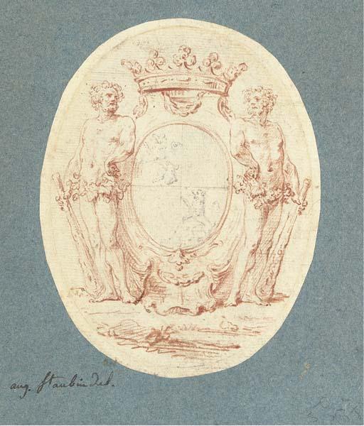 Augustin De Saint-Aubin - Un blason couronné, avec des lions rampants flanqués de deux figures portant des massues