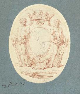 Augustin De Saint-Aubin - Un blason couronné, avec des lions rampants flanqués de deux figures portant des massues