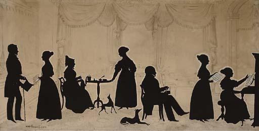 Augustin Edouart - A conversation piece with elegant figures and dogs in an interior beside a piano