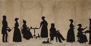 Augustin Edouart - A conversation piece with elegant figures and dogs in an interior beside a piano