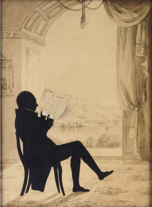 Augustin Edouart - A gentleman, seated in a chair reading The Courier in an interior