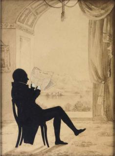 Augustin Edouart - A gentleman, seated in a chair reading The Courier in an interior