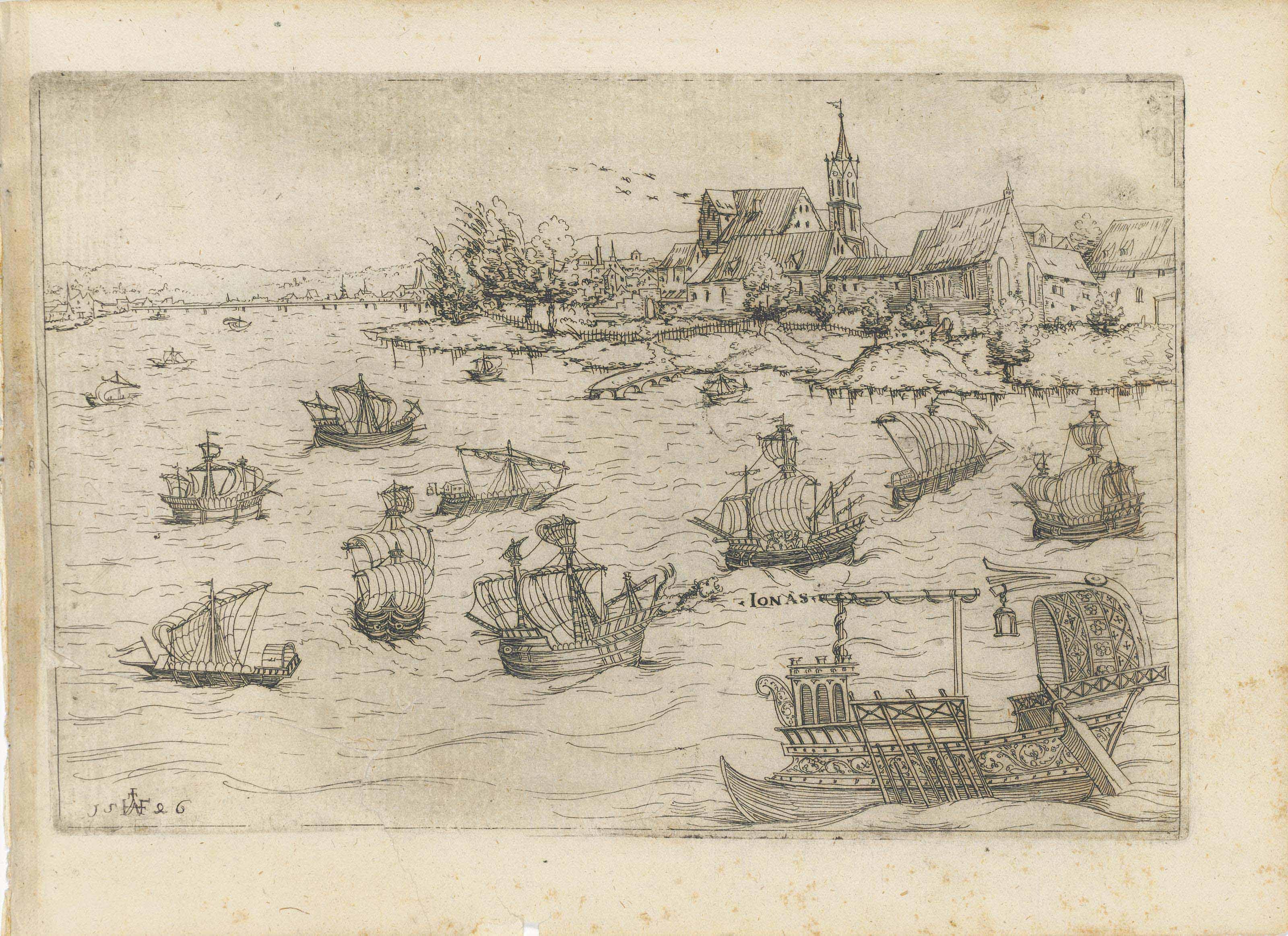 Augustin Hirschvogel - Jonah and the Whale on a Lake with Sailing Vessels (Sch., B. 75; Holl. 2)