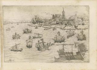 Augustin Hirschvogel - Jonah and the Whale on a Lake with Sailing Vessels (Sch., B. 75; Holl. 2)