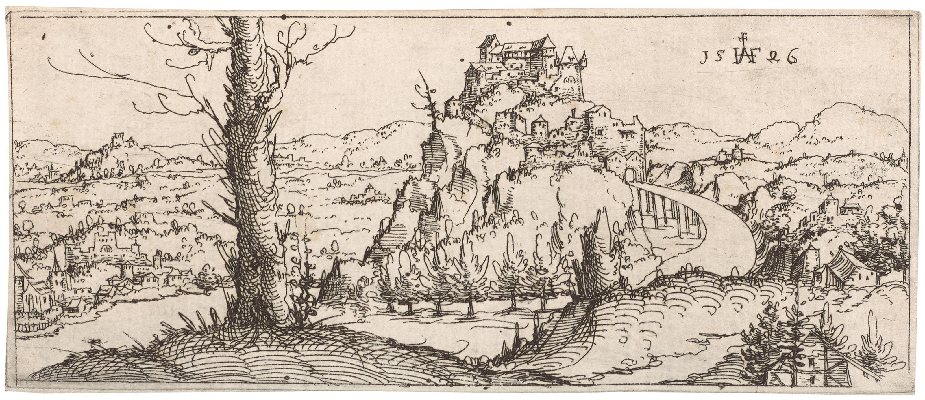 Augustin Hirschvogel - Landscape with a Castle on a Rock at Centre
