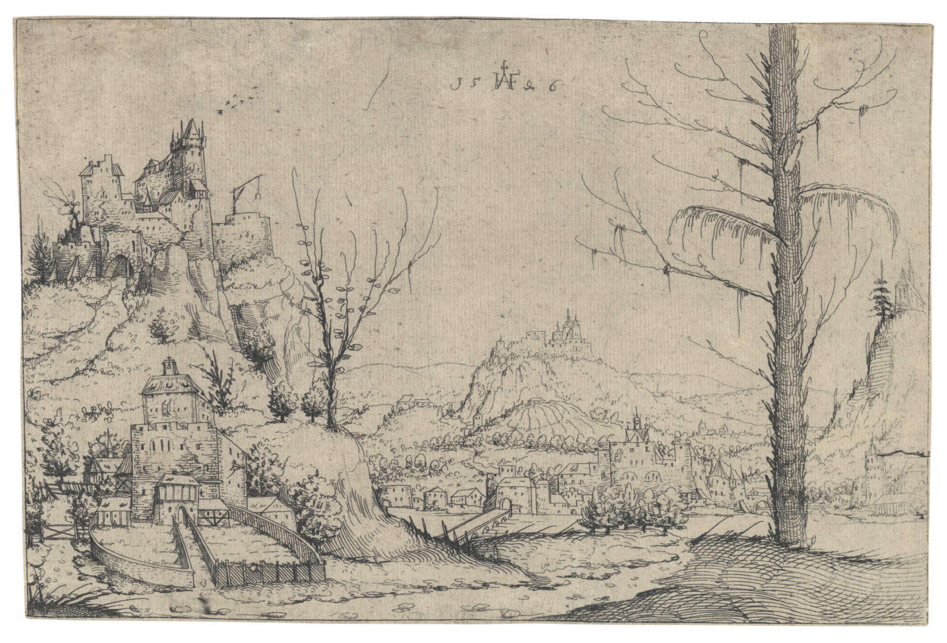 Augustin Hirschvogel - Landscape with a high Rock and a Castle at Left