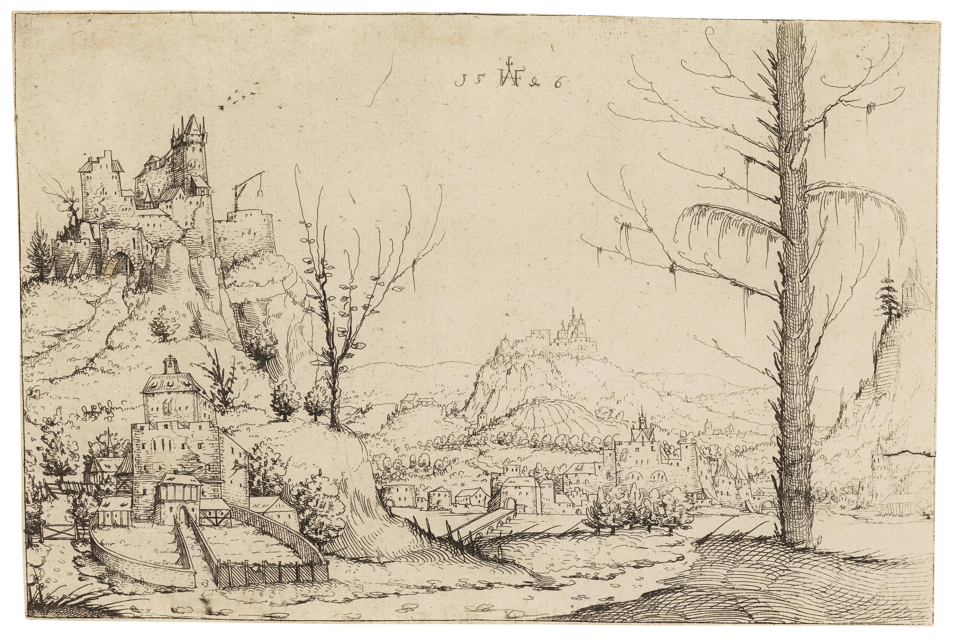 Augustin Hirschvogel - Landscape with a high Rock and a Castle at Left