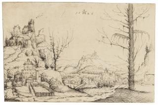 Augustin Hirschvogel - Landscape with a high Rock and a Castle at Left