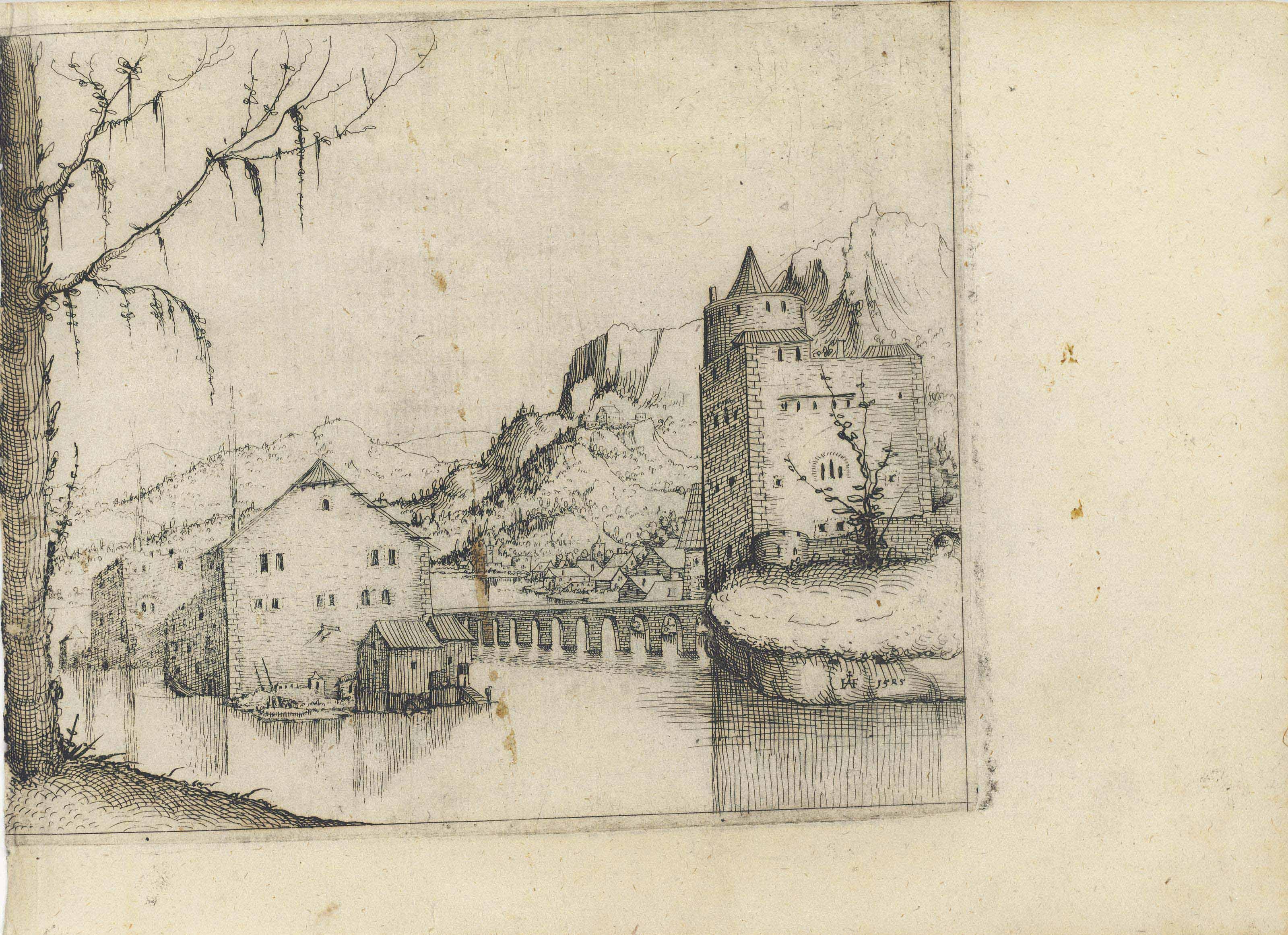 Augustin Hirschvogel - River Landscape with two Buildings connected by a Bridge (Sch., B. 66; Holl. 39)