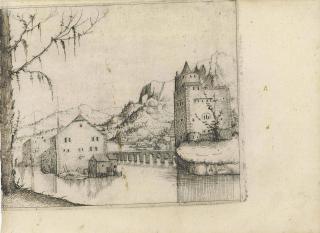 Augustin Hirschvogel - River Landscape with two Buildings connected by a Bridge (Sch., B. 66; Holl. 39)