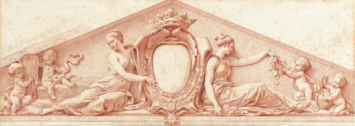 Augustin Pajou - A study for a pediment: A coat-of-arms with the order of the Holy Spirit, and allegories of Prudence and Liberality