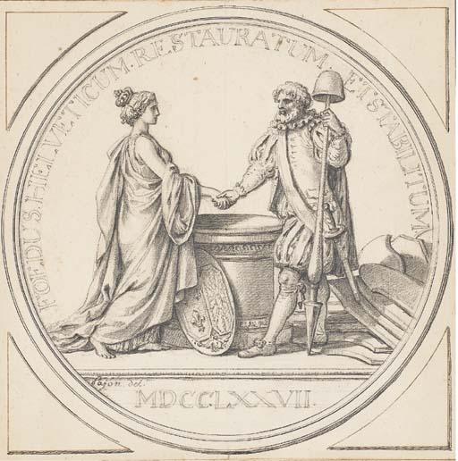 Augustin Pajou - Alliance des corps Hélvétiques: An allegory of France shaking hands with a landsknecht, over an altar