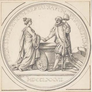 Augustin Pajou - Alliance des corps Hélvétiques: An allegory of France shaking hands with a landsknecht, over an altar