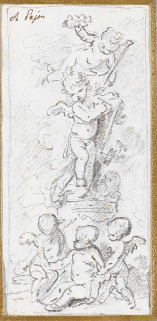 Augustin Pajou - Une Étude Pour Une Sculpture Avec Un Putto Couronnant Un Autre Écrivant, Trois Putti Au Pied du Piédestal