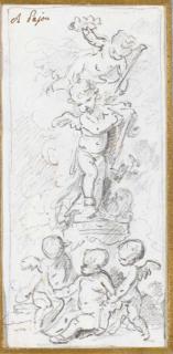 Augustin Pajou - Une Étude Pour Une Sculpture Avec Un Putto Couronnant Un Autre Écrivant, Trois Putti Au Pied du Piédestal