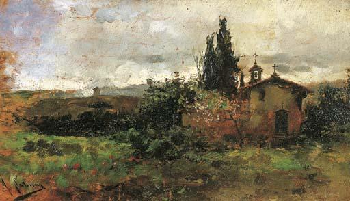 Augustin Salinas - Paesaggio con campagna e chiesetta