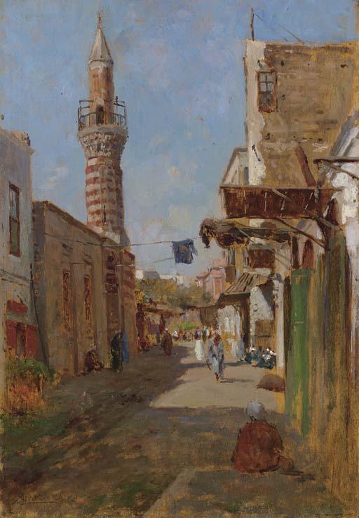 Augusto Lovatti - A Section of the main Street of the Fatimid area of al-Qahira (the heart of historic Cairo) with the Mosque of al-Fakahani (Mosque of the Fruit Sellers) on the left