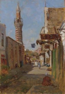 Augusto Lovatti - A Section of the main Street of the Fatimid area of al-Qahira (the heart of historic Cairo) with the Mosque of al-Fakahani (Mosque of the Fruit Sellers) on the left