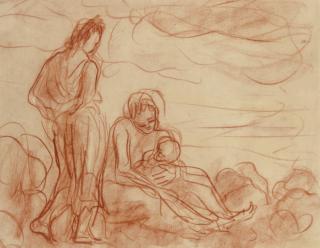 Augustus Edwin John, R.A. - Mother and child with attendant in a landscape