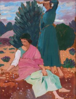 Augustus John O.M., R.A. - Two Women in a Mediterranean Landscape 40.6 x 32.3 cm. (16 x 12 5/8 in.)