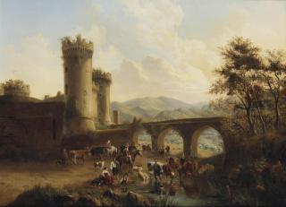 Augustus Knip - A view of Tivoli with herdsman watering their cattle