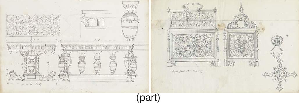 Augustus Northmore Welby Pugin - A folio of fourteen studies and designs and decorations for furniture and metalwork