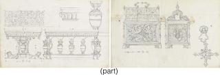 Augustus Northmore Welby Pugin - A folio of fourteen studies and designs and decorations for furniture and metalwork