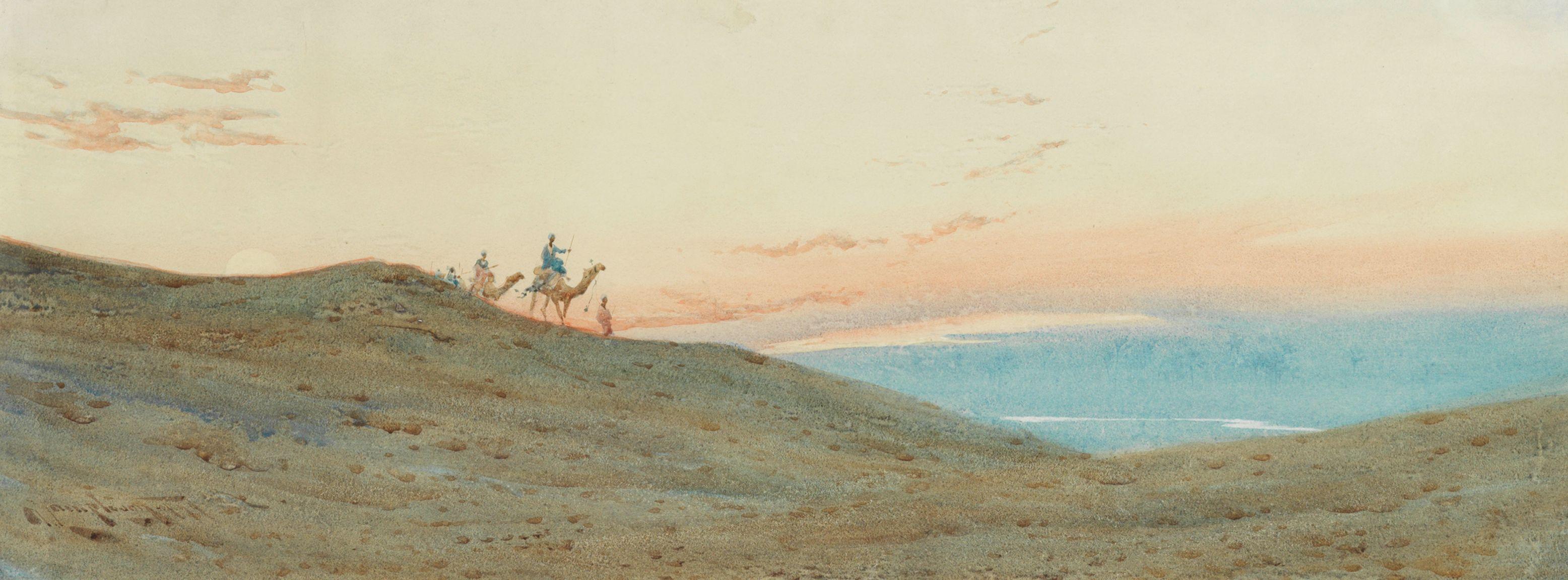 Augustus Osborne Lamplough, A.R.A., R.W.S - On the Nile at dusk; Camel riders in the desert at sunset, a pair 22.2 x 61.2cm (8 3/4 x 24 1/8in); 22.6 x 62.2cm (8 7/8 x 24 1/2in) respectively. (2)