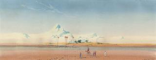 Augustus Osborne Lamplough, R.W.S. - Figures with a camel in the desert, with mountains beyond