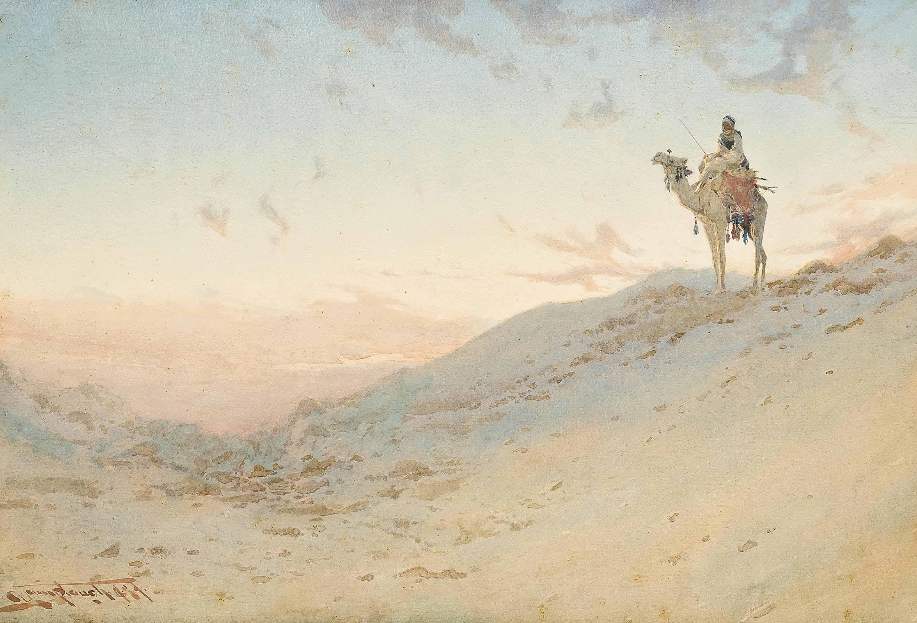 Augustus Osborne Lamplough - An Arab On A Camel Surveying The Desert At Dusk