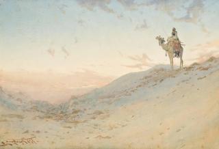 Augustus Osborne Lamplough - An Arab On A Camel Surveying The Desert At Dusk