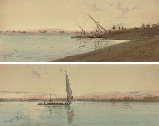 Augustus Osborne Lamplough - Bedouins loading barges on the Nile at dusk; and A barge on the Nile