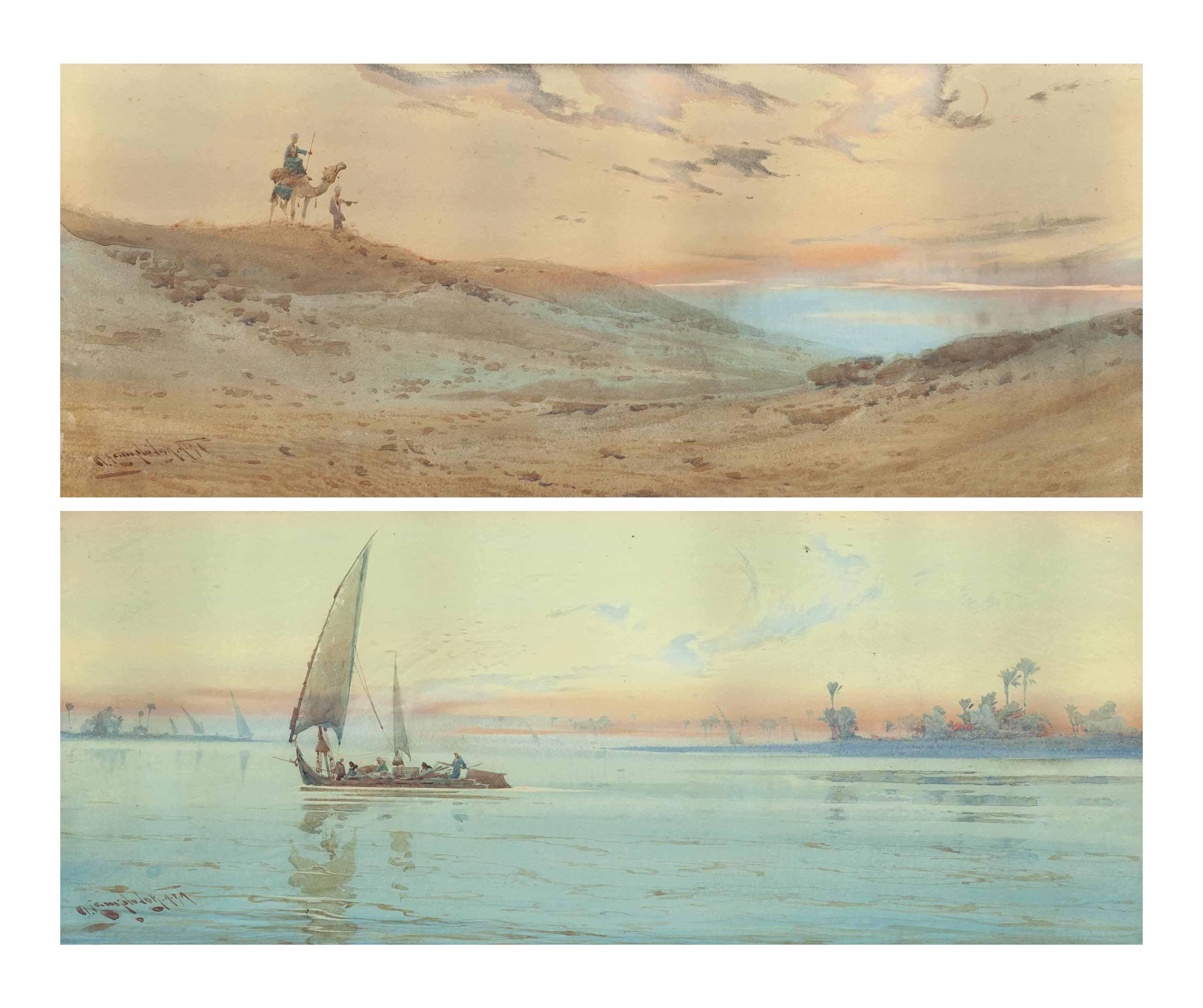 Augustus Osborne Lamplough - Camel riders in the desert; and A boat on the river