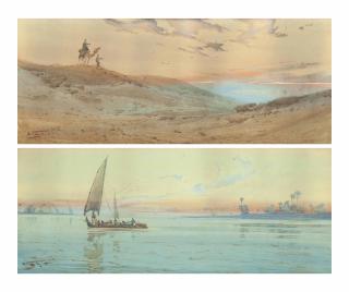 Augustus Osborne Lamplough - Camel riders in the desert; and A boat on the river