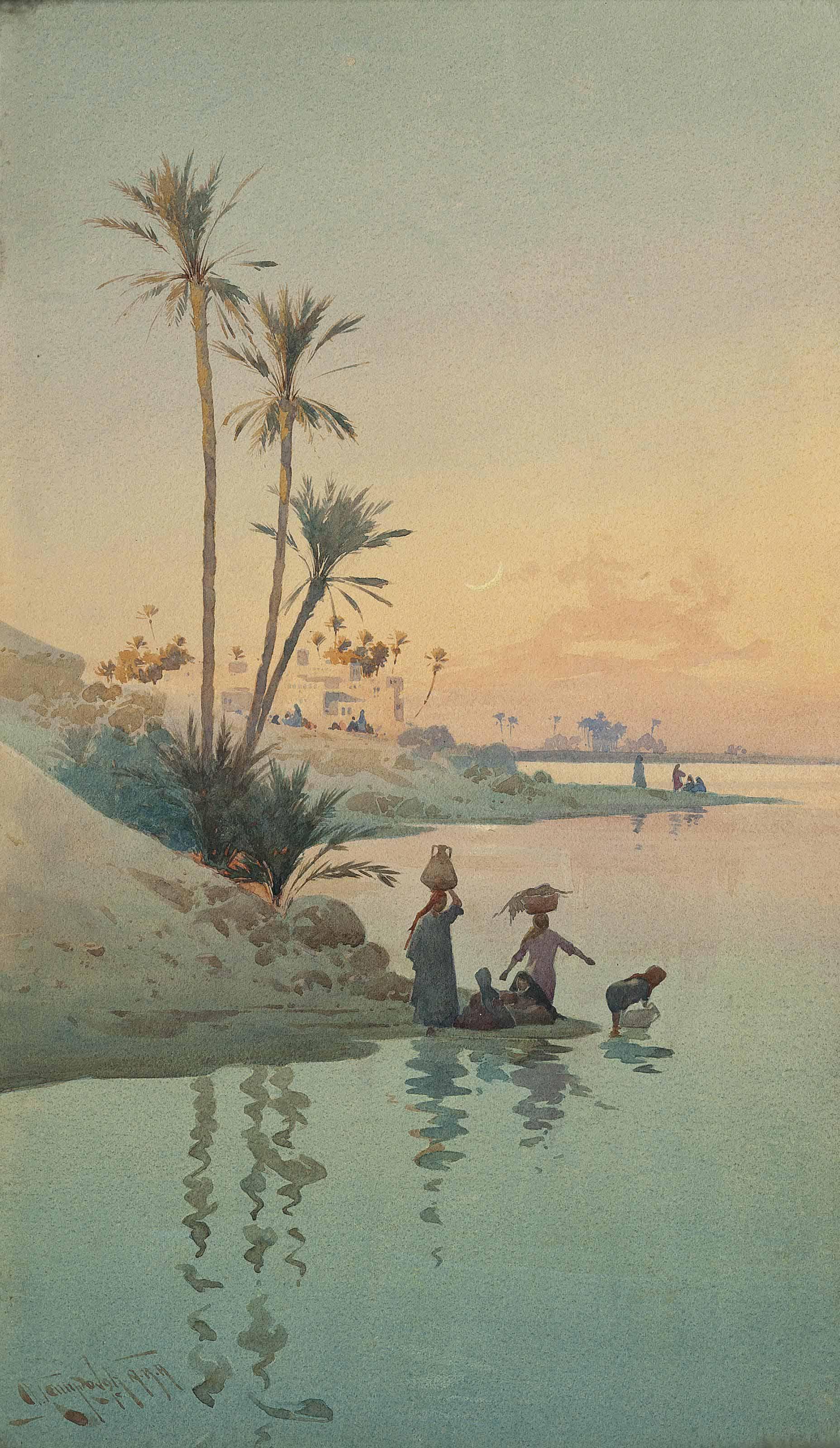 Augustus Osborne Lamplough - Collecting water at the river bank