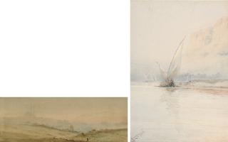 Augustus Osborne Lamplough - Feluccas on the Nile; and Cairo & Citadel from the desert